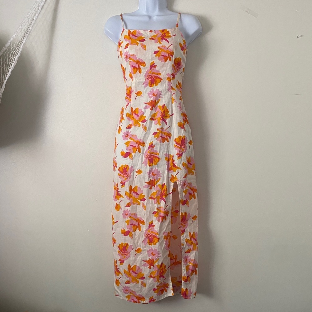 ASOS DESIGN Floral Summer Midi-Dress Backless Spaghetti Strap Pink & Orange Slit - Picture 3 of 12